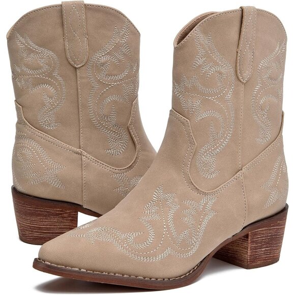 Shoes - ⚡Women's Beige Embroidered Square Toe Western Cowgirl Boots Chunky Heel Pull On